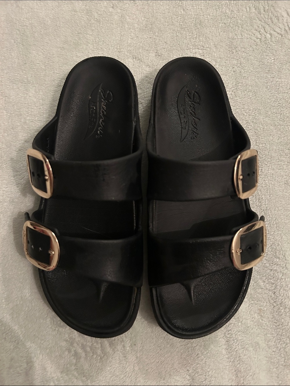 Skechers Black Slide Sandals with Gold Buckles for Men